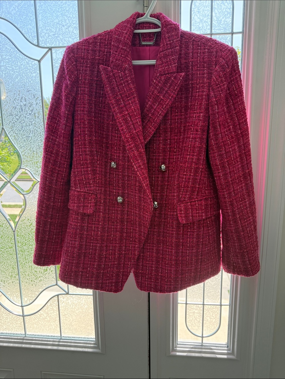 Double-Breasted  hot Pink Tweed Blazer Jacket